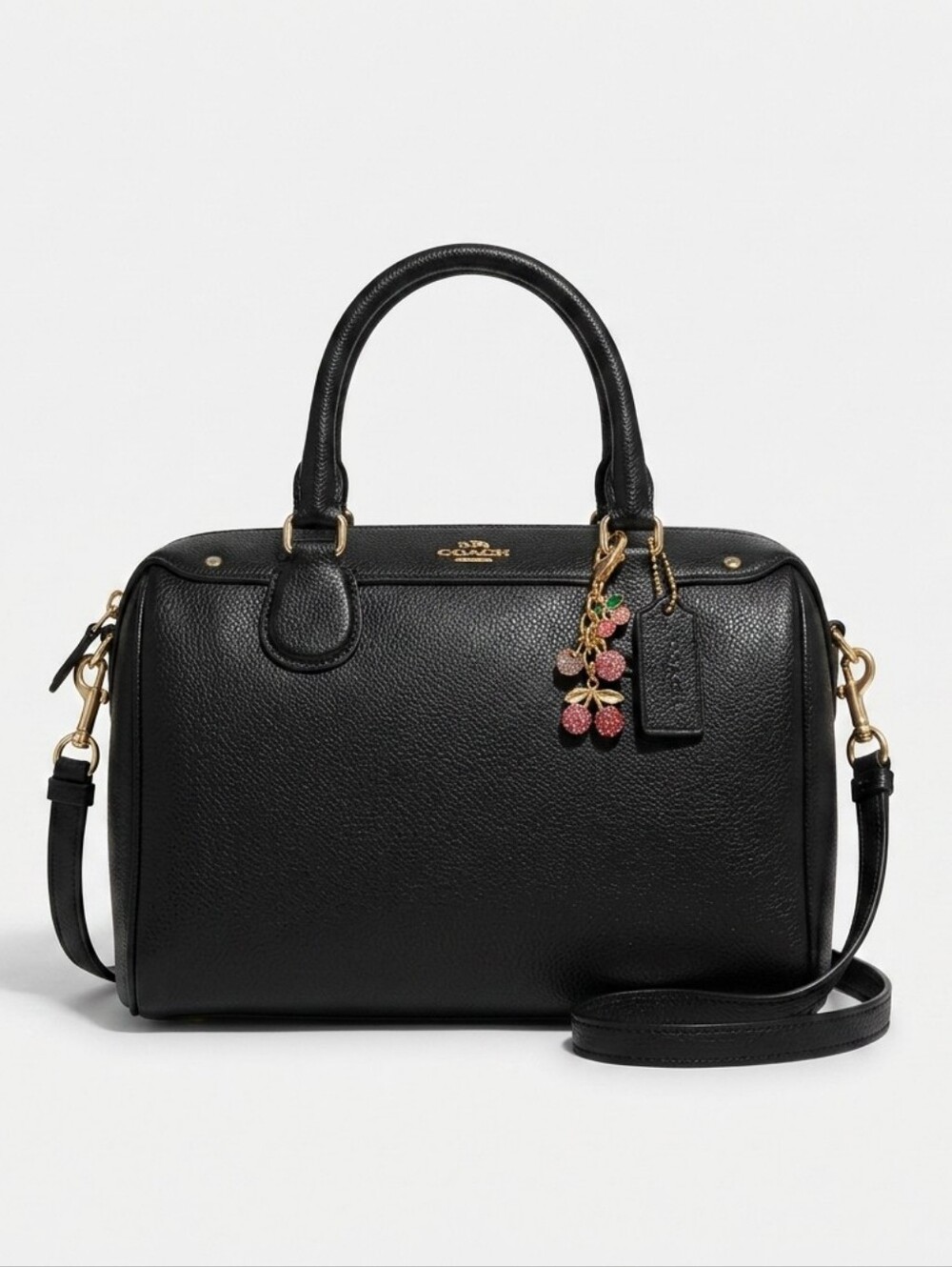 Coach Black Pebbled Leather Satchel with Cherry Charm